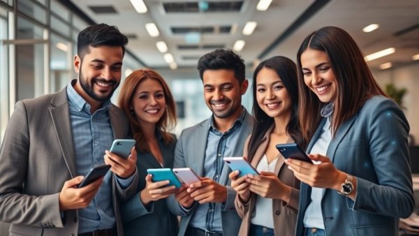 Team exploring social media marketing trends on smartphones in a modern office.