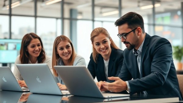 Team collaborating on platform-specific marketing strategies in an office.