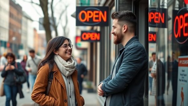 Friendly conversation outside a shop, emphasizing business reputation growth
