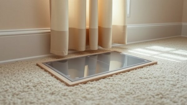 Plastic deflector covering floor vent on carpet in low-traffic room.
