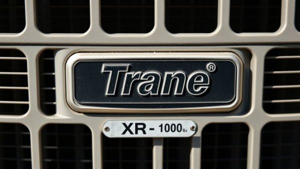 Trane HVAC unit grille close-up highlighting brand logo.