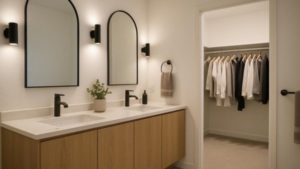 Modern bathroom remodeling Houston TX with dual sinks and closet.