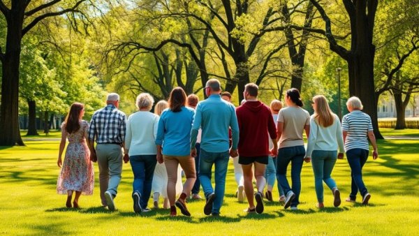 Diverse group walking hand in hand in a park, symbolizing unity and survival.