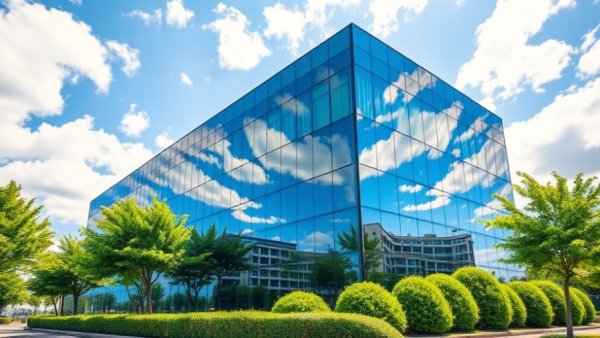 Modern office building reflecting clouds under blue sky, related to backlog accounting strategies.