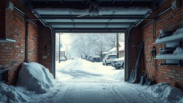 Cold garage interior with snow outside, illustrating how to warm up your garage.