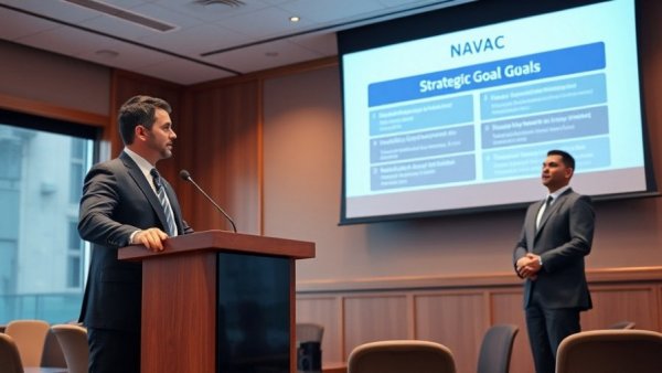 Professionals discussing NAVAC's HVAC strategy at conference with slide.