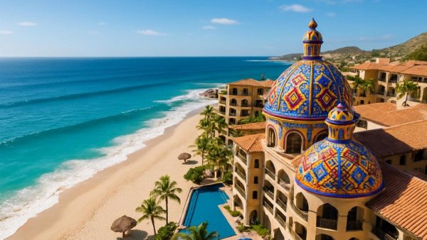Aerial view of Cabo hotel with colorful dome by beach.
