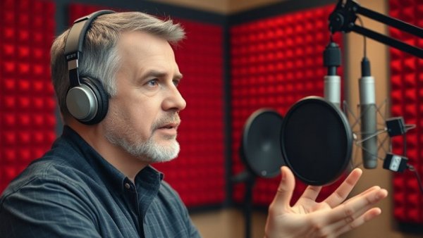 Middle-aged man discussing AI in a recording studio, product management focus.