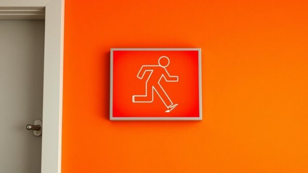 Bright emergency exit sign on orange wall illustrating urgent escape.