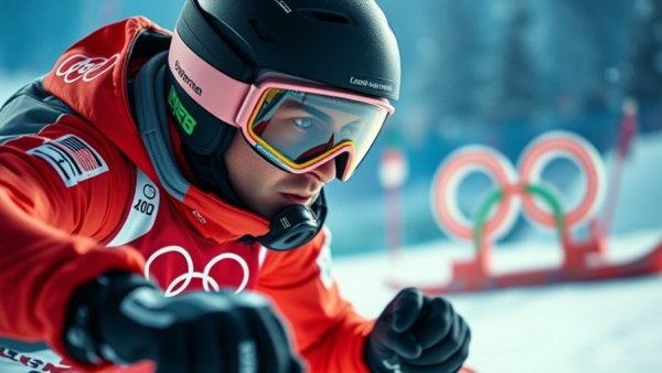 Understanding Winter Olympics Injuries: skier in competition with vibrant symbols.