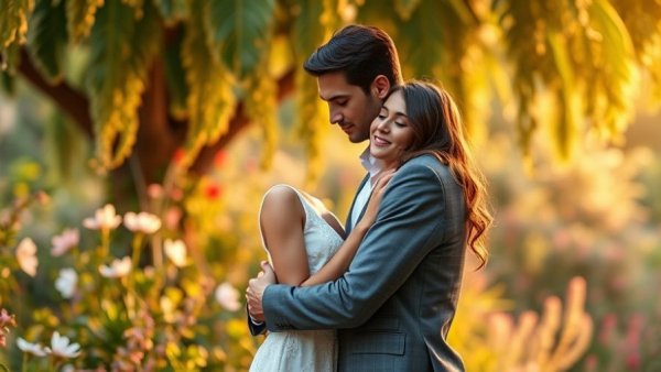Elegant clean romance book cover with a couple in a garden.