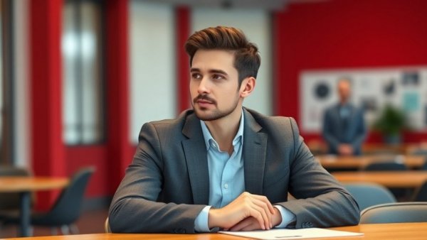 Confident man in office, AI-powered marketing context.