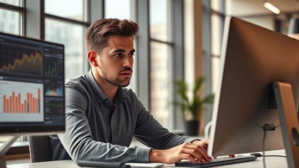 Impact of online accounting management on businesses: professional analyzing data on computer.