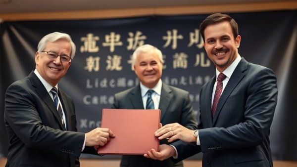 Business growth capital event with smiling men at signing ceremony.