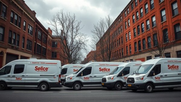 Service vans parked in city for indoor air quality service tips.