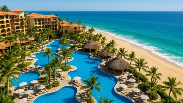 Luxurious resort in Los Cabos with pools and beach, vibrant aerial view.