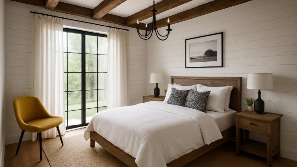 Modern farmhouse design ideas: chic bedroom with minimalist decor.