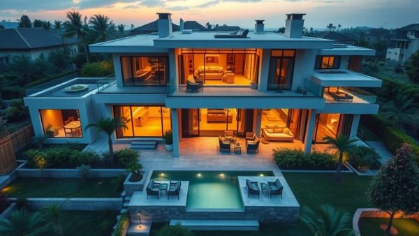 Luxurious villa in Cabo San Lucas, evening aerial view.