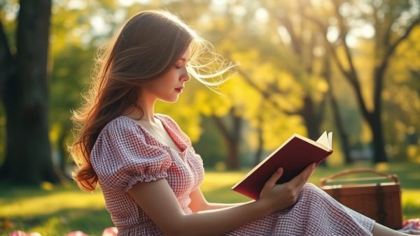 Woman reading a book during a peaceful picnic in a sunlit park.
