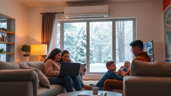 Family enjoying warmth with TCL heat pump in snowy setting.