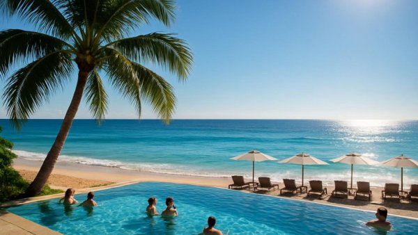 Idyllic Cabo beach scene with tourists in pool, misleading sunshine.