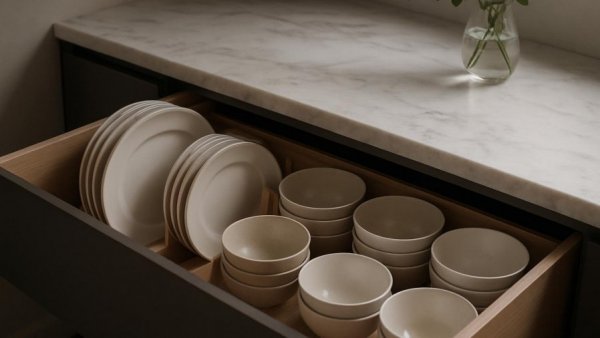 Modern kitchen drawer with organized dishes and marble countertop, kitchen remodeling Houston.