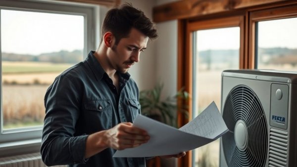 Man reviews energy report beside modern heat pump in Northern Ireland.