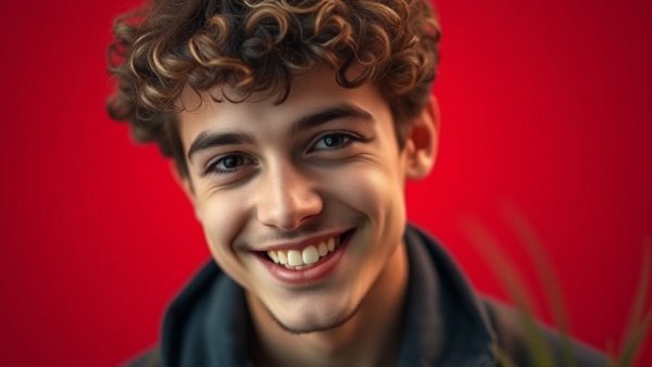 Curly-haired young man smiling with vibrant red background.