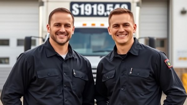 HVAC professionals in black uniforms smiling in front of truck.