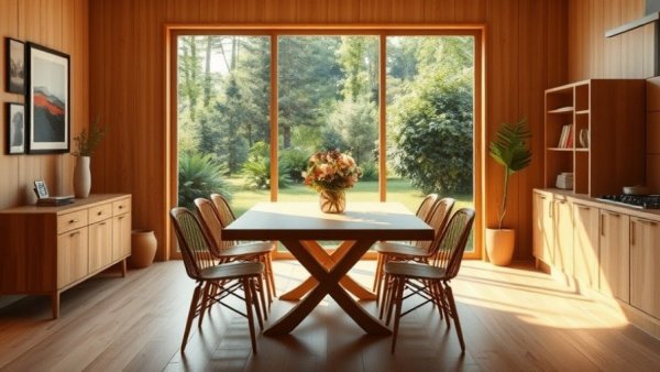 Warm dining room with natural wood and garden view reflecting current home design trends 2023.