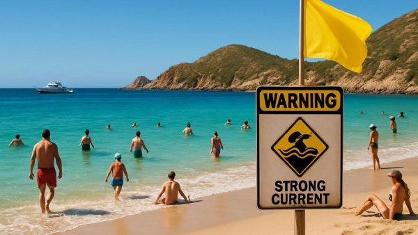 Cabo beach safety sign and swimmers under clear skies.
