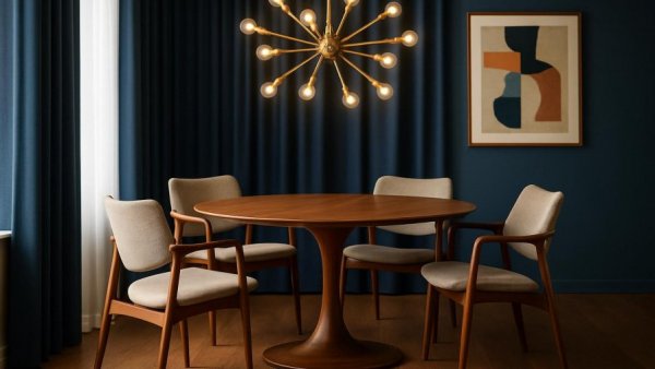 Mid-century modern home renovations Austin dining room with starburst chandelier.