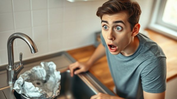 Surprised man with kitchen sink and foil for garbage disposal tip.