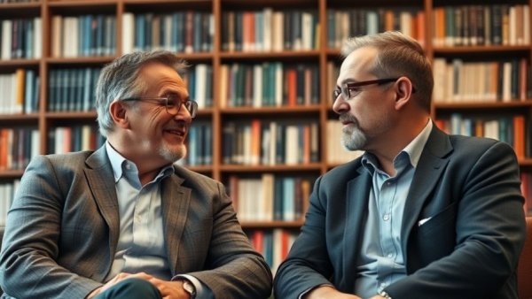 Middle-aged men discussing OpenClaw AI Impact on Apps in a library.