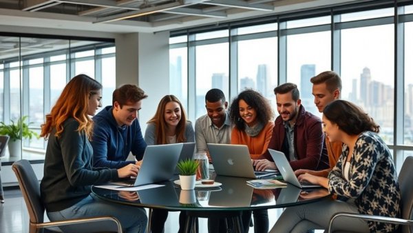 Diverse team discussing strategies on improving online visibility in modern office.