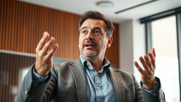 Confident man discussing AI investment funding in a modern office.