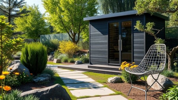 Modern backyard showing outdoor sauna benefits with greenery.
