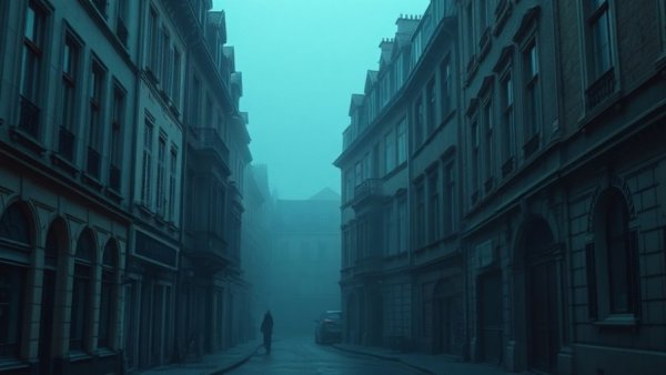 Cover of a book depicting a street scene with an eerie, misty atmosphere.