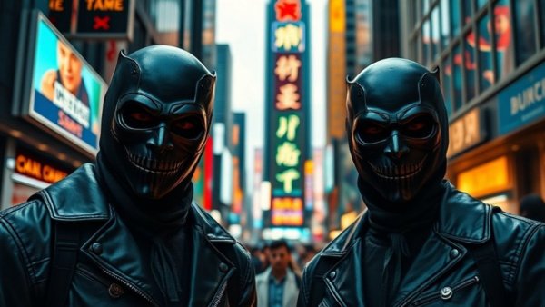 Dynamic Duo Movie Casting Call: Masked figures in neon-lit city.