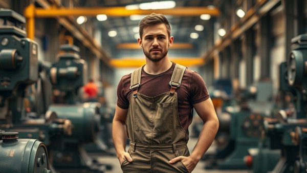 Young man in a modern metal mill confidently working.