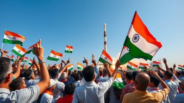 Group celebrating India's new deep tech startup rules with rocket launch.