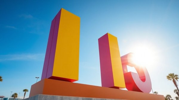 Corporate logo in sunlight against blue sky, symbolizing growth.