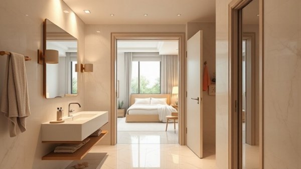 Luxurious marble bathroom with bedroom view and minimalist design.