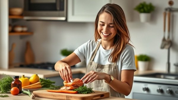 Young woman preparing Chilean salmon in a modern kitchen.