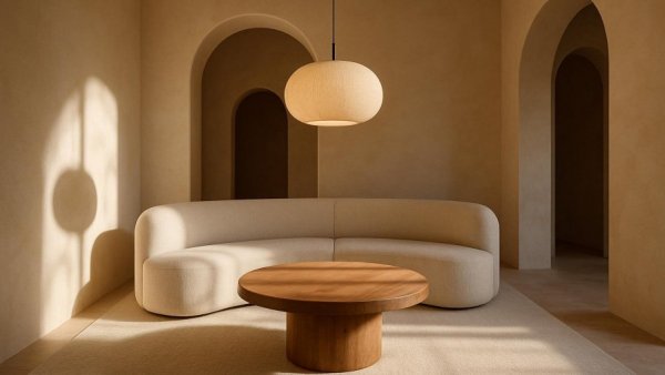 Serene wabi-sabi home design living room with soft lighting.