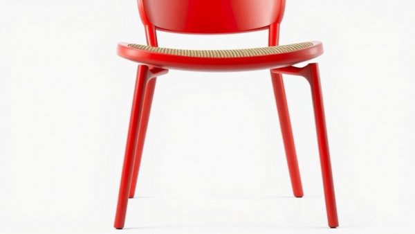 Elegant red dining chair with woven seat against white background.