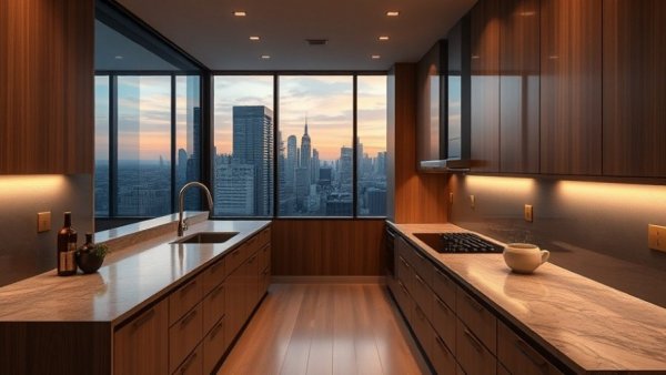 Modern galley kitchen makeover with cityscape view highlights benefits.