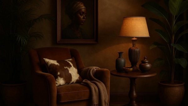 A cozy home interior with cultural design elements and ambient lighting.