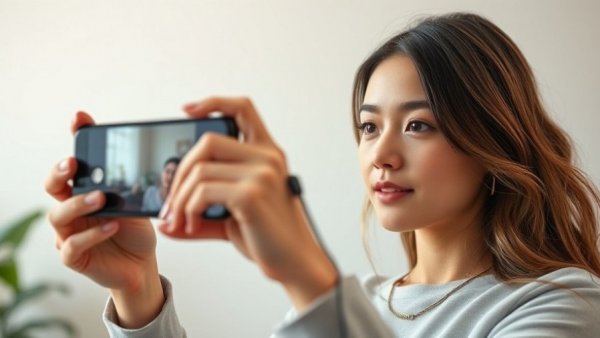 Young woman using KEY-BAK Ratch-It phone tether indoors.