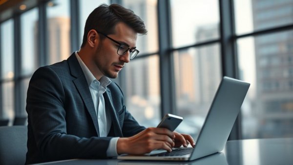 Focused businessman using laptop and smartphone for how to create a business plan.